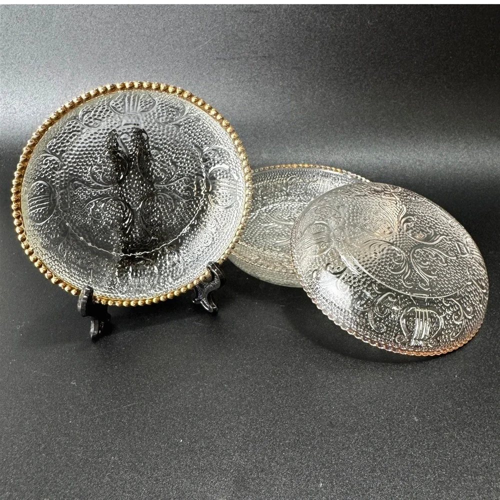 Vintage Jeannette Glass Harp Coasters Butter Pat Condiment 4 Gold Trim 50's MCM